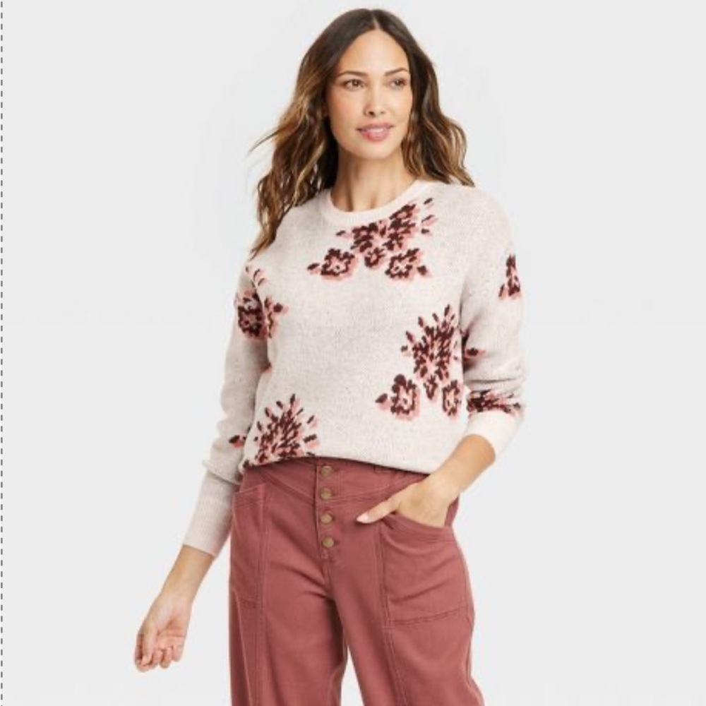 Knox Rose Women's Crewneck Sweater Floral Print Oatmeal Size Small